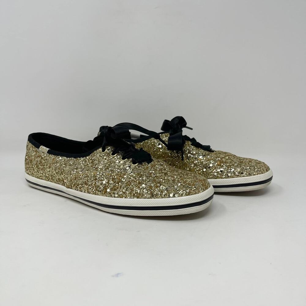 Keds x‎ Kate Spade Glitter Lace Up Sneaker Womens 7 Gold Glitter Black Ribbons
